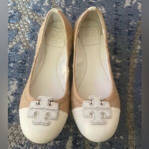 Tory Burch Tan & White Cap Carita Leather Flats